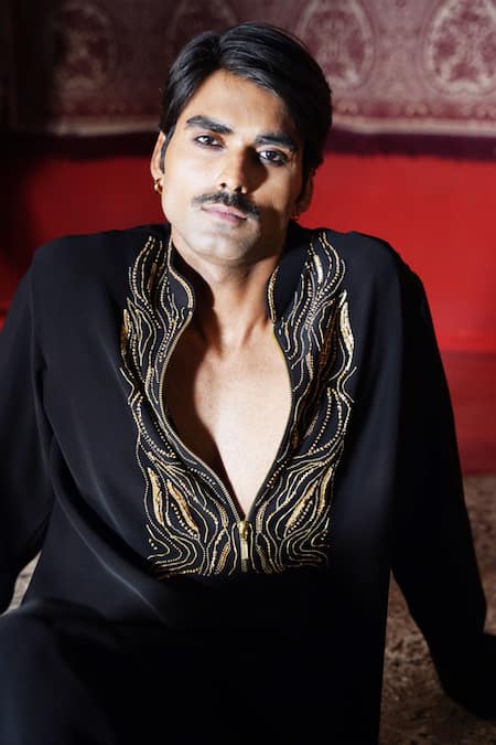 Shop_AUGUST by Swati Akash Jhunjhunwala_Black Satin, Polyester Embroidery, Metallic Thread Abstract Kurta Set _Online_at_Aza_Fashions