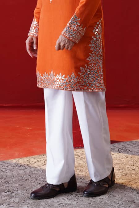 AUGUST by Swati Akash Jhunjhunwala_Orange Satin, Linen Applique, Embroidery Leather Kurta Set _Online_at_Aza_Fashions