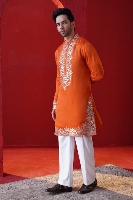 Buy_AUGUST by Swati Akash Jhunjhunwala_Orange Satin, Linen Applique, Embroidery Leather Kurta Set _Online_at_Aza_Fashions
