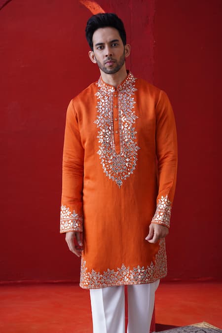 Shop_AUGUST by Swati Akash Jhunjhunwala_Orange Satin, Linen Applique, Embroidery Leather Kurta Set _Online_at_Aza_Fashions