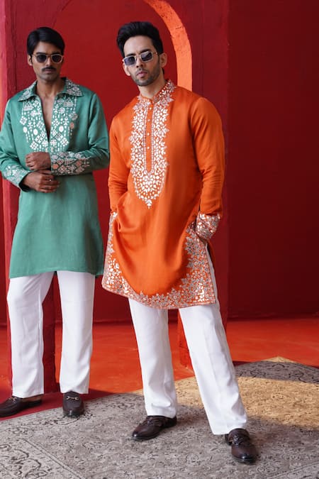 AUGUST by Swati Akash Jhunjhunwala_Orange Satin, Linen Applique, Embroidery Leather Kurta Set _at_Aza_Fashions