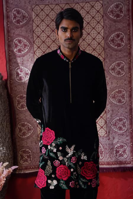 Shop_AUGUST by Swati Akash Jhunjhunwala_Black Velvet Embroidery Rose Kurta Set _Online_at_Aza_Fashions