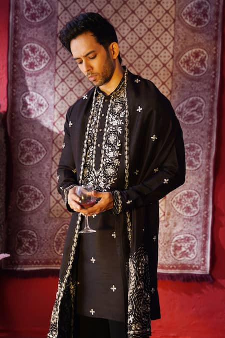 Shop_AUGUST by Swati Akash Jhunjhunwala_Black Satin, Linen Mirrors, Embroidery Kurta Set _Online_at_Aza_Fashions