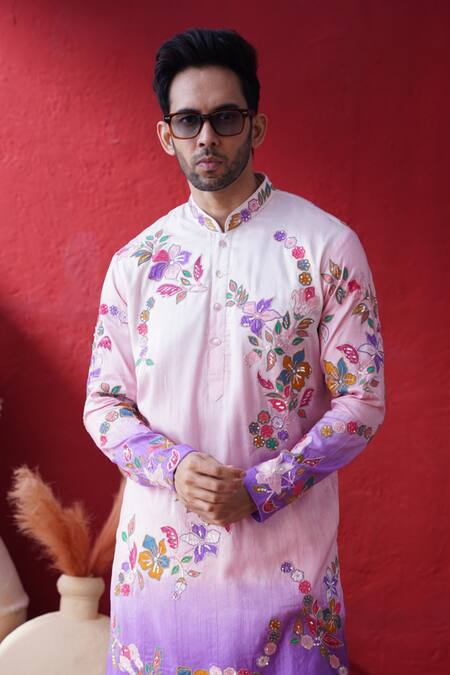Buy_AUGUST by Swati Akash Jhunjhunwala_Peach Dupion Embroidery Ombre Floral Kurta Set _Online_at_Aza_Fashions