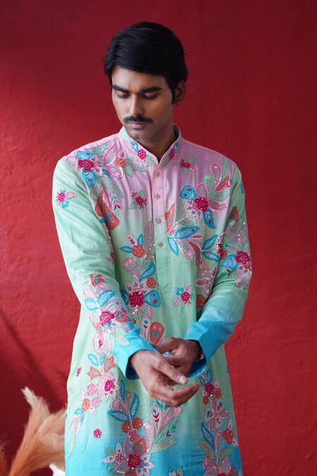 AUGUST by Swati Akash Jhunjhunwala_Multi Color Dupion, Silk Embroidery Ombre Floral Kurta Set _Online_at_Aza_Fashions