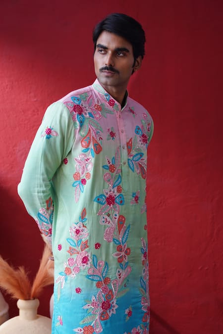 Shop_AUGUST by Swati Akash Jhunjhunwala_Multi Color Dupion, Silk Embroidery Ombre Floral Kurta Set _Online_at_Aza_Fashions