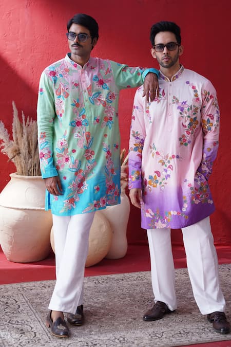 AUGUST by Swati Akash Jhunjhunwala_Multi Color Dupion, Silk Embroidery Ombre Floral Kurta Set _at_Aza_Fashions