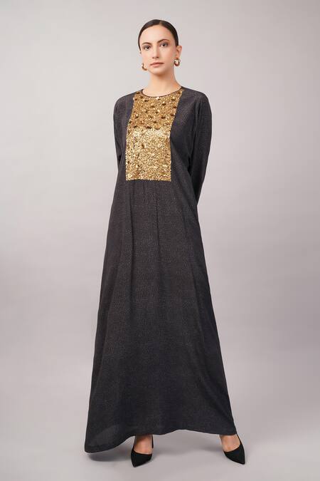 Abraham And Thakore_Black Viscose, Crepe Sequins Round Neck Embellished And Dot Print Kaftan _Online_at_Aza_Fashions