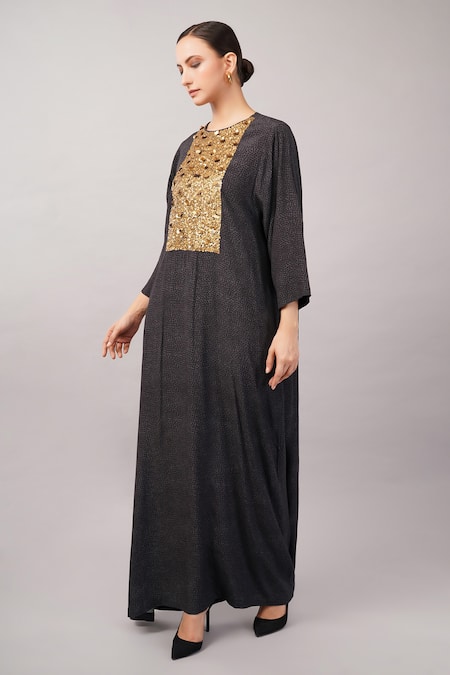 Buy_Abraham And Thakore_Black Viscose, Crepe Sequins Round Neck Embellished And Dot Print Kaftan _Online_at_Aza_Fashions