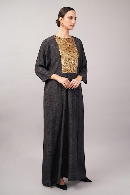 Shop_Abraham And Thakore_Black Viscose, Crepe Sequins Round Neck Embellished And Dot Print Kaftan _Online_at_Aza_Fashions