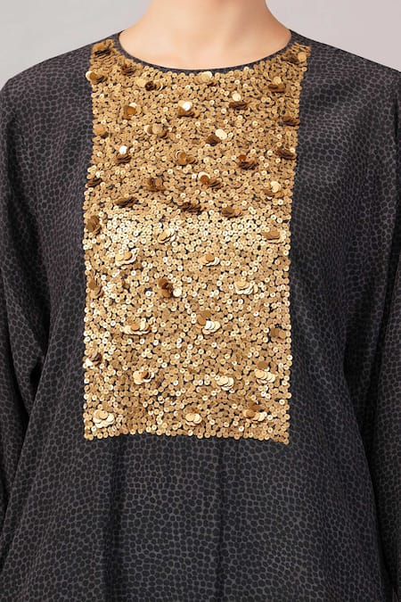 Abraham And Thakore_Black Viscose, Crepe Sequins Round Neck Embellished And Dot Print Kaftan _at_Aza_Fashions