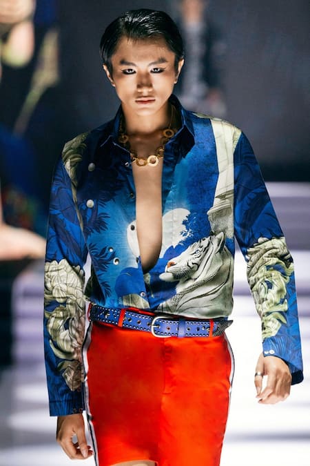 MR. Ajay Kumar Blue Tiger Signature Print Shirt 