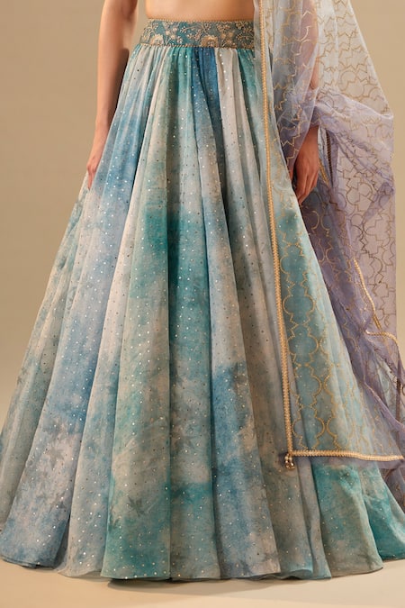 Cedar & Pine_Blue Organza, Tulle Foil Printing, Glitter, Embroidery, Mukaish Work Lehenga Set _Online_at_Aza_Fashions