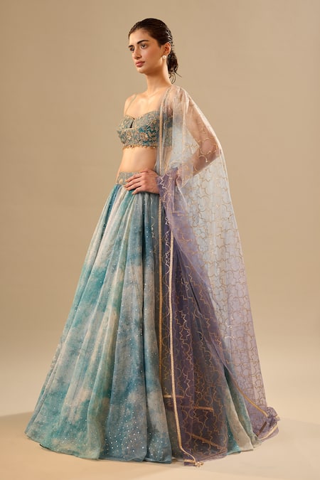 Buy_Cedar & Pine_Blue Organza, Tulle Foil Printing, Glitter, Embroidery, Mukaish Work Lehenga Set _Online_at_Aza_Fashions