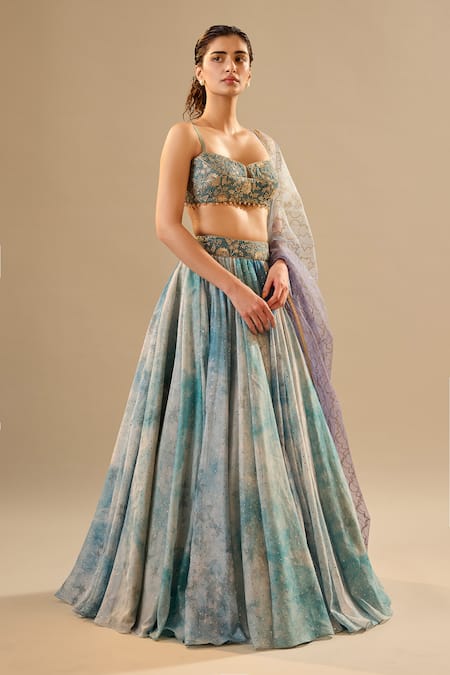 Shop_Cedar & Pine_Blue Organza, Tulle Foil Printing, Glitter, Embroidery, Mukaish Work Lehenga Set _Online_at_Aza_Fashions
