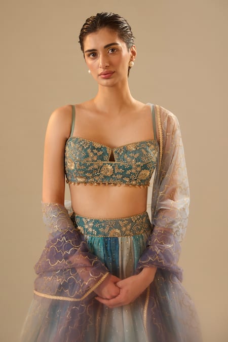 Cedar & Pine_Blue Organza, Tulle Foil Printing, Glitter, Embroidery, Mukaish Work Lehenga Set _at_Aza_Fashions