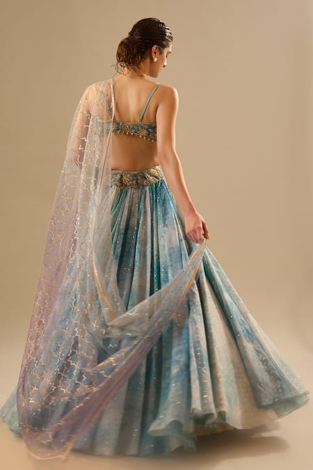Buy_Cedar & Pine_Blue Organza, Tulle Foil Printing, Glitter, Embroidery, Mukaish Work Lehenga Set 