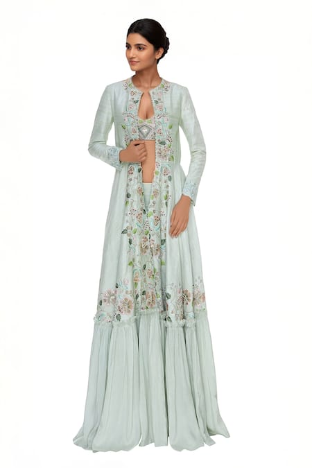Buy Blue Lotus Design Green Raw Silk, Tissue Open Embroidered Jacket Set at Aza Fashions Buy_Blue Lotus Design_Green Raw Silk, Tissue Open Embroidered Jacket Set _at_Aza_Fashions
