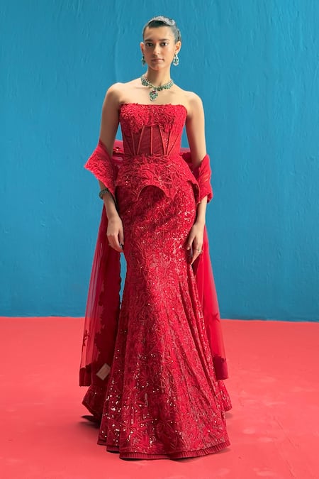 Mishru_Red Tulle Sequins, Embroidery Bandeau Neck Kate Embellished Corset Lehenga Set _at_Aza_Fashions
