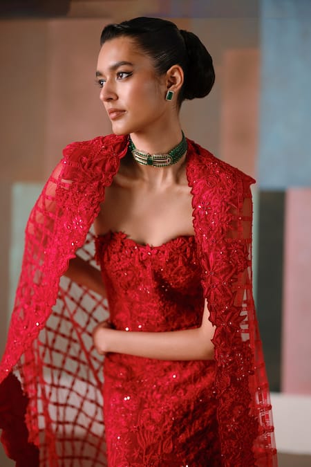 Buy_Mishru_Red Organza Sequins, Embroidery Sweetheart Neck, Open Cheryl Gown With Cape _Online_at_Aza_Fashions