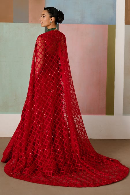 Mishru Cheryl Embroidered Organza Gown With Cape 
