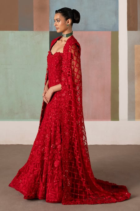 Shop_Mishru_Red Organza Sequins, Embroidery Sweetheart Neck, Open Cheryl Gown With Cape _Online_at_Aza_Fashions