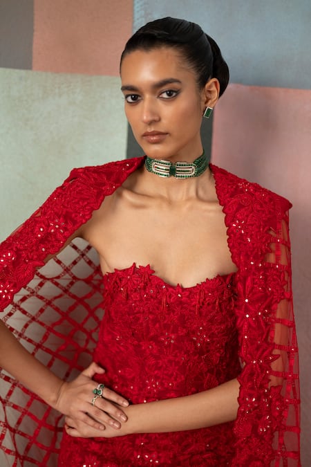 Mishru_Red Organza Sequins, Embroidery Sweetheart Neck, Open Cheryl Gown With Cape _at_Aza_Fashions