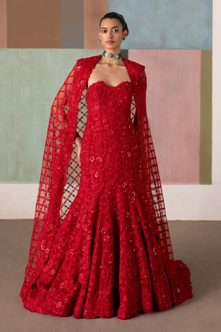 Mishru Cheryl Embroidered Organza Gown With Cape 