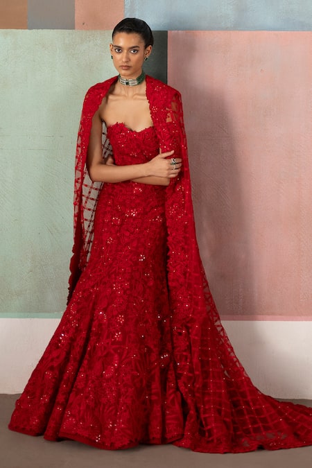 Shop_Mishru_Red Organza Sequins, Embroidery Sweetheart Neck, Open Cheryl Gown With Cape 