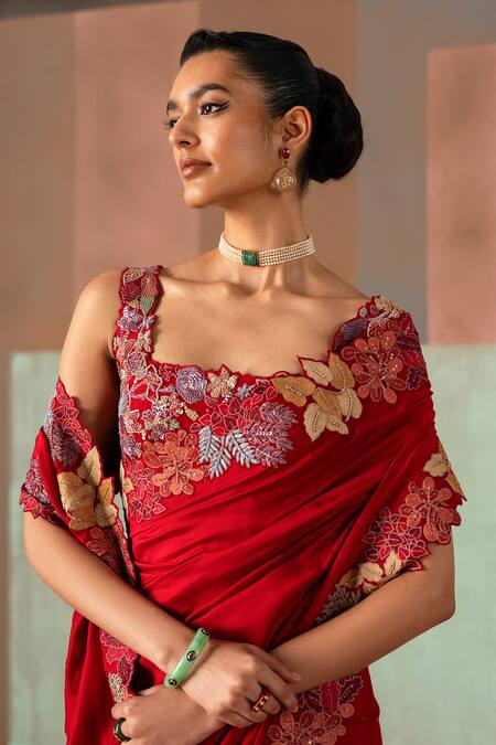 Buy_Mishru_Red Silk, Tulle Embroidery, Zari, Sequins, Selene Floral Saree With Blouse _Online_at_Aza_Fashions