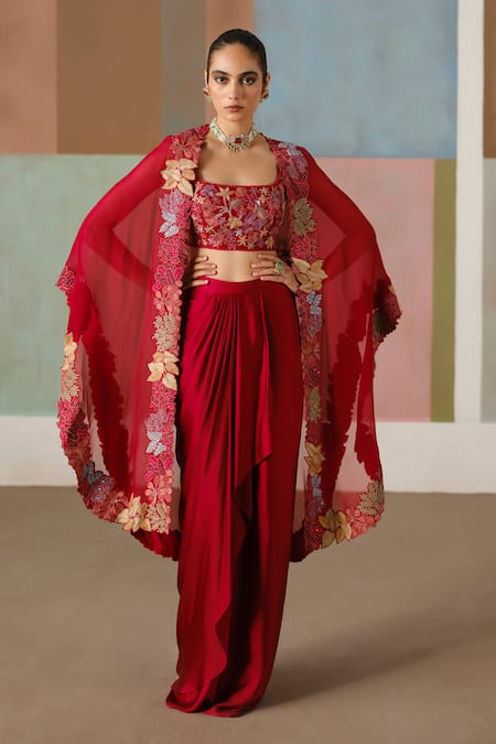 Mishru Lea Embroidered Cape Draped Skirt Set 