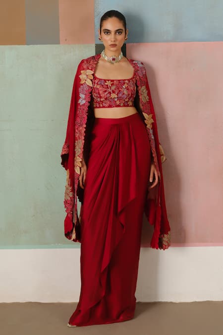 Shop_Mishru_Red Tulle, Satin Embroidery Open , Square Lea Cape Draped Skirt Set _Online_at_Aza_Fashions