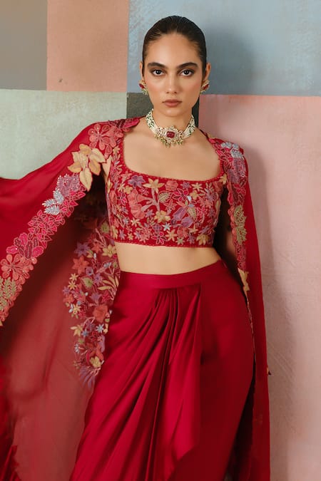 Shop_Mishru_Red Tulle, Satin Embroidery Open , Square Lea Cape Draped Skirt Set 