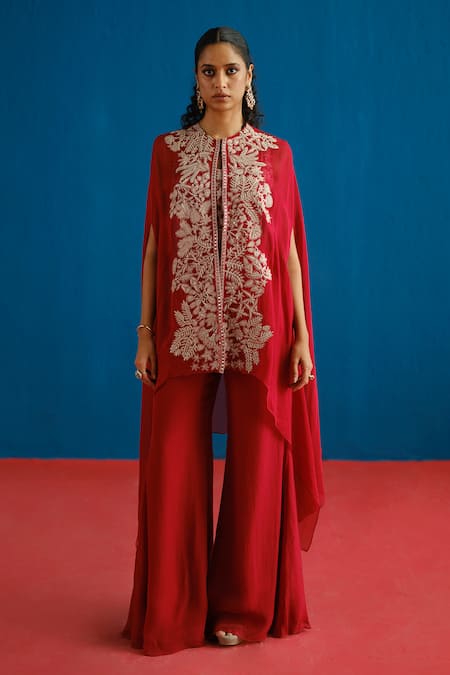 Mishru_Red Organza Embroidery, Zari Round , Sweetheart Aurea Cape Pant Set _Online_at_Aza_Fashions