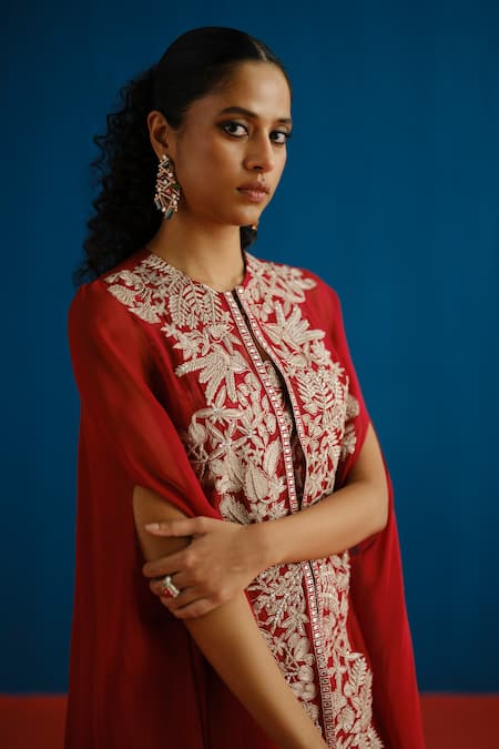 Buy_Mishru_Red Organza Embroidery, Zari Round , Sweetheart Aurea Cape Pant Set _Online_at_Aza_Fashions