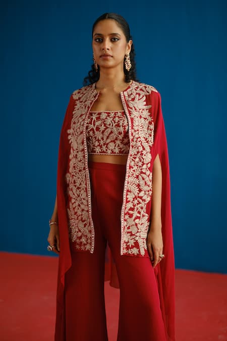 Shop_Mishru_Red Organza Embroidery, Zari Round , Sweetheart Aurea Cape Pant Set _Online_at_Aza_Fashions
