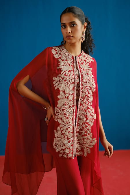 Buy_Mishru_Red Organza Embroidery, Zari Round , Sweetheart Aurea Cape Pant Set 