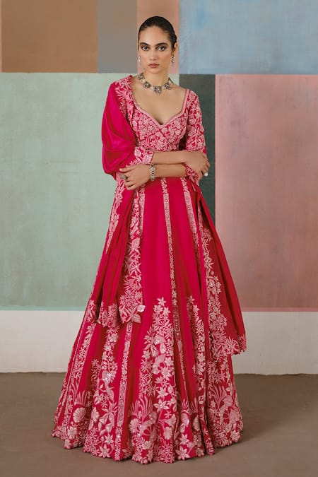 Mishru_Fuchsia Tulle, Organza, Silk Embroidery, Sequins Valerie Floral Lehenga Set _Online_at_Aza_Fashions