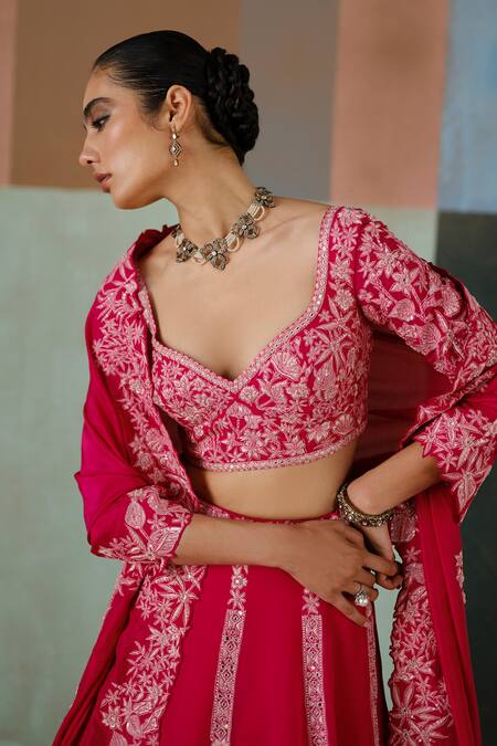 Shop_Mishru_Fuchsia Tulle, Organza, Silk Embroidery, Sequins Valerie Floral Lehenga Set _Online_at_Aza_Fashions