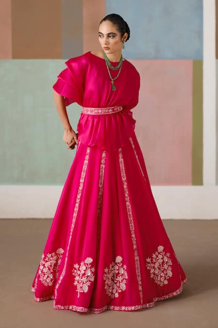Mishru_Fuchsia Organza Embroidery Round Neck Saira Floral Top And Skirt Set _Online_at_Aza_Fashions