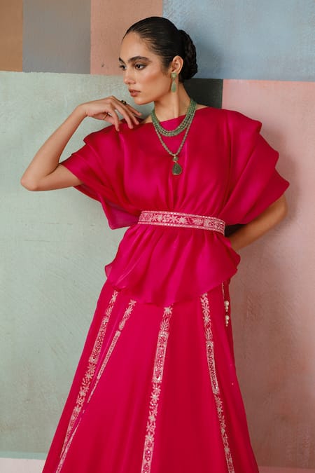 Buy_Mishru_Fuchsia Organza Embroidery Round Neck Saira Floral Top And Skirt Set _Online_at_Aza_Fashions