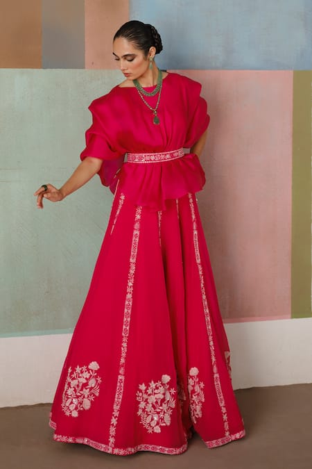 Shop_Mishru_Fuchsia Organza Embroidery Round Neck Saira Floral Top And Skirt Set _Online_at_Aza_Fashions