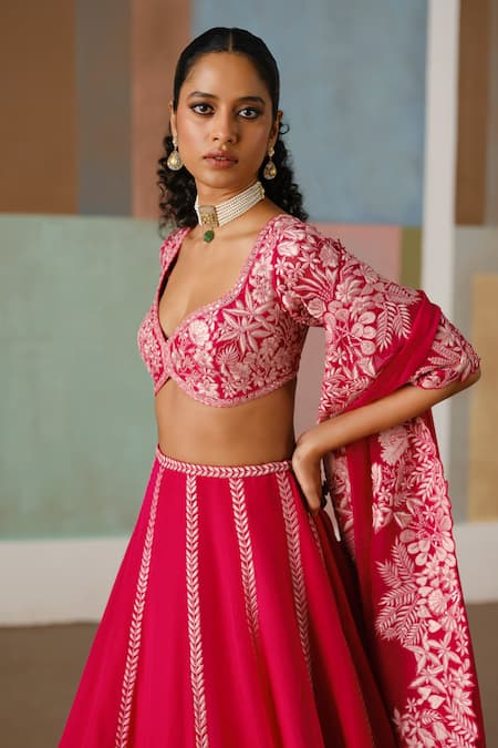 Mishru_Fuchsia Tulle, Organza, Silk Embroidery V-neck Ruhani Floral Lehenga Set _Online_at_Aza_Fashions