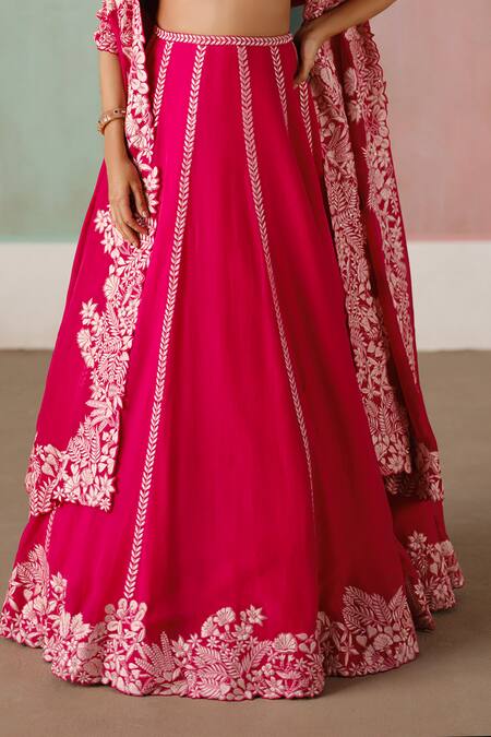 Buy_Mishru_Fuchsia Tulle, Organza, Silk Embroidery V-neck Ruhani Floral Lehenga Set _Online_at_Aza_Fashions