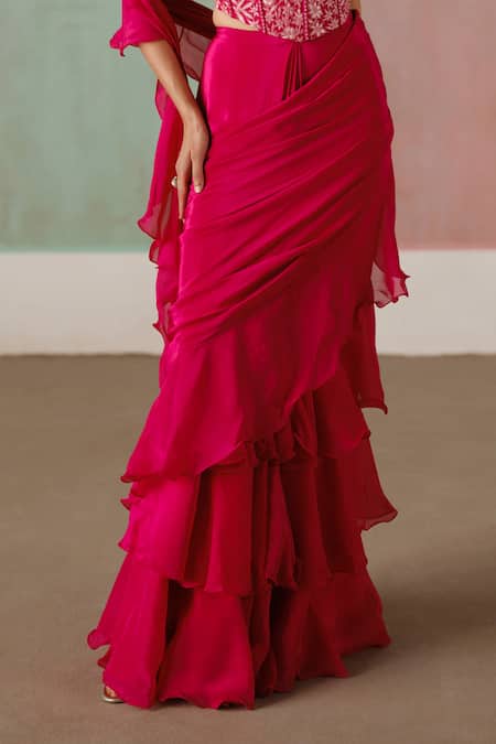 Mishru_Fuchsia Tulle, Crepe, Organza Nica Corset Blouse With Pre-draped Saree _Online_at_Aza_Fashions