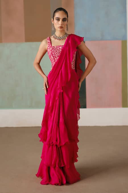 Buy_Mishru_Fuchsia Tulle, Crepe, Organza Nica Corset Blouse With Pre-draped Saree _Online_at_Aza_Fashions