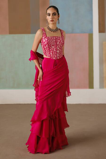 Shop_Mishru_Fuchsia Tulle, Crepe, Organza Nica Corset Blouse With Pre-draped Saree _Online_at_Aza_Fashions