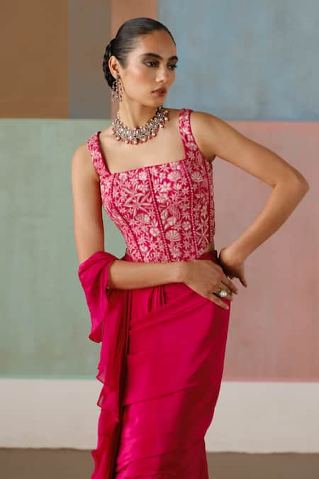 Mishru_Fuchsia Tulle, Crepe, Organza Nica Corset Blouse With Pre-draped Saree _at_Aza_Fashions