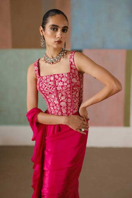 Buy_Mishru_Fuchsia Tulle, Crepe, Organza Nica Corset Blouse With Pre-draped Saree 