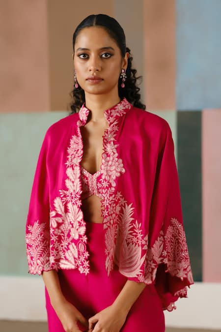 Shop_Mishru_Fuchsia Organza Embroidery, Sequins Kalie Cape Bustier And Flared Pant Set _Online_at_Aza_Fashions